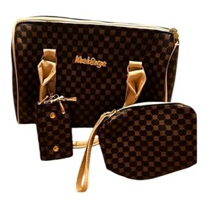 NWOT 3pc Satchel Bag Set Brown Monogram Handbag Wristlet Pouch